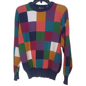 Vintage 90s Smith-Forester Multi-Color Block Knit Pullover Sweater Size Medium